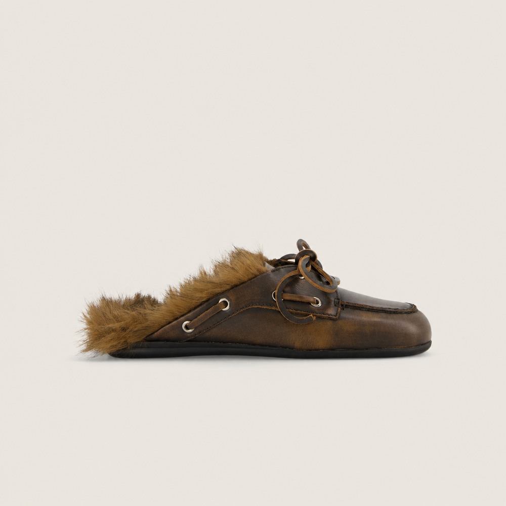 Boat Loafer Mule Hairy Fur - Leather | Coffee