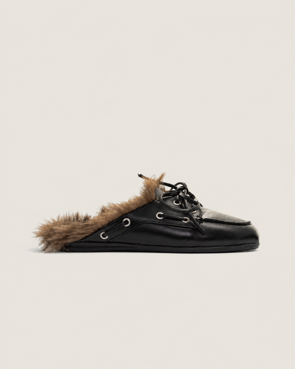 Boat Loafer Mule Hairy Fur - Leather | Black