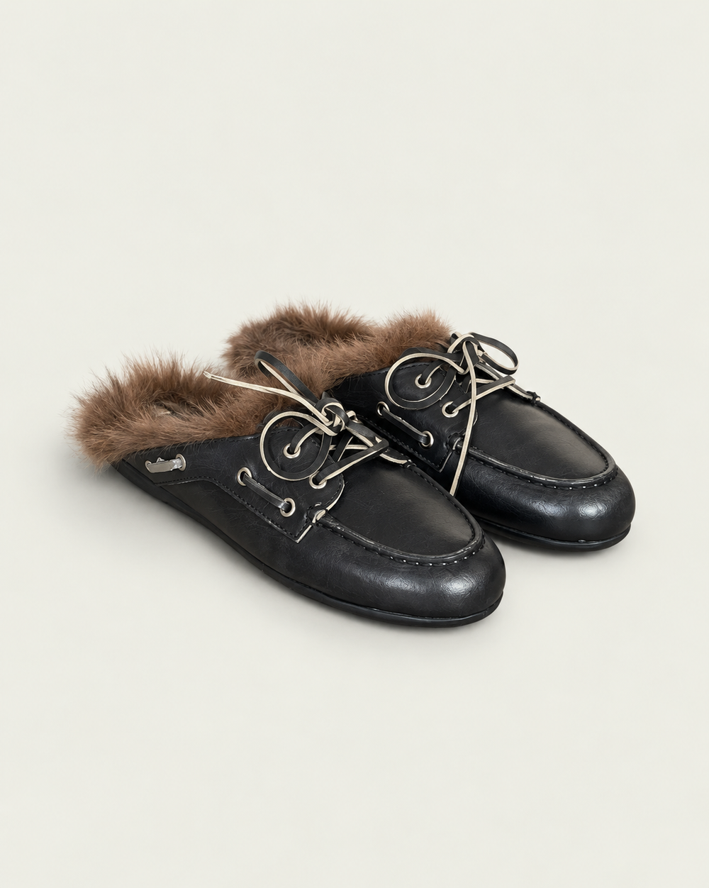 Boat Loafer Mule Brushed Hairy Fur - Leather | Black