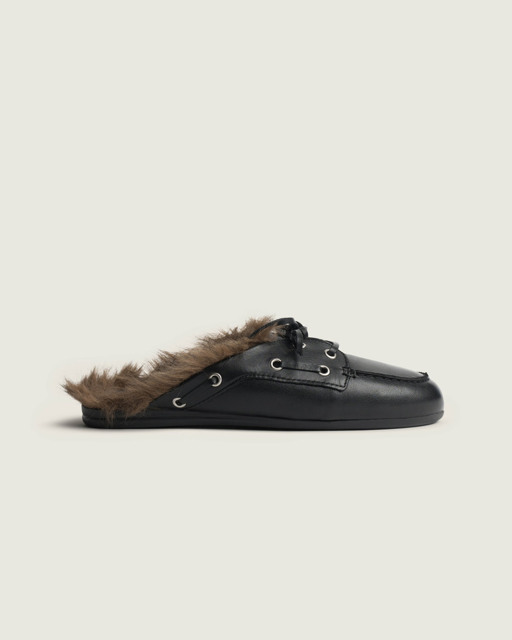 Boat Loafer Mule Hairy Fur - Leather | Black