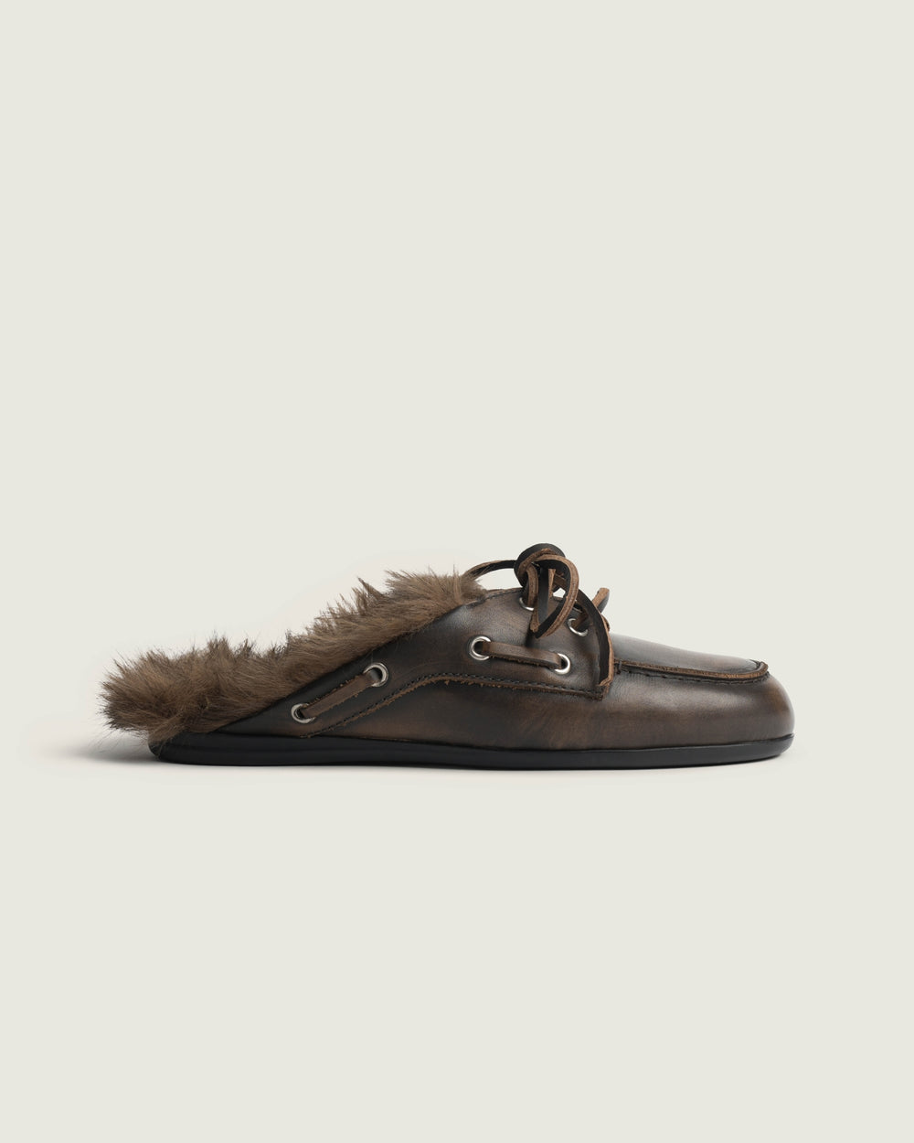 Boat Loafer Mule Hairy Fur - Leather | Coffee