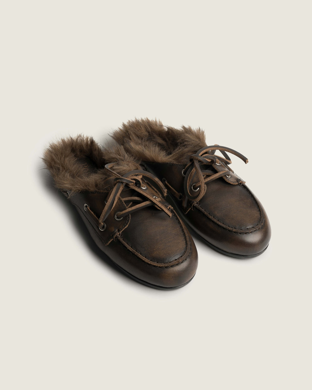 Boat Loafer Mule Hairy Fur - Leather | Coffee