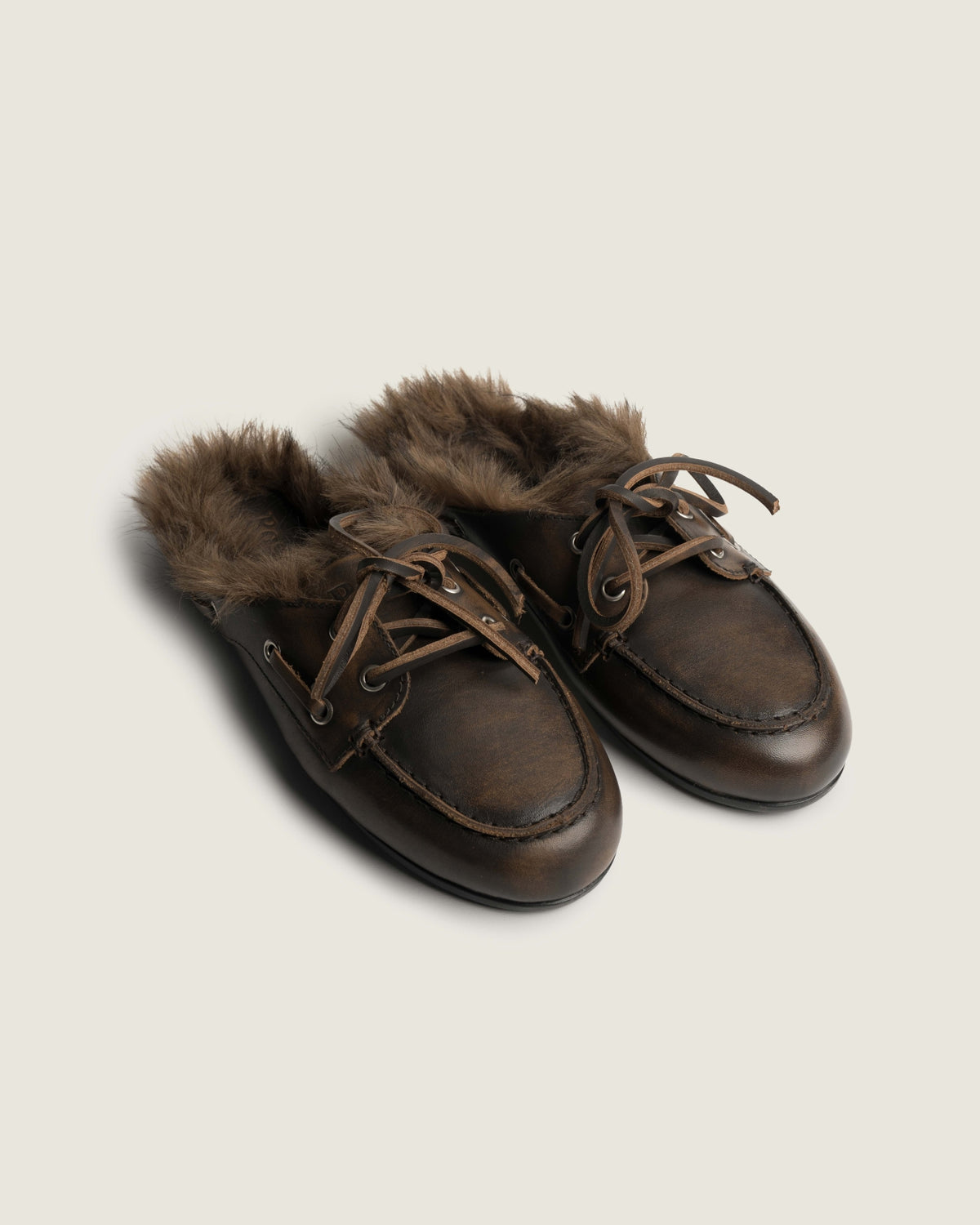 Boat Loafer Mule Hairy Fur - Leather | Coffee