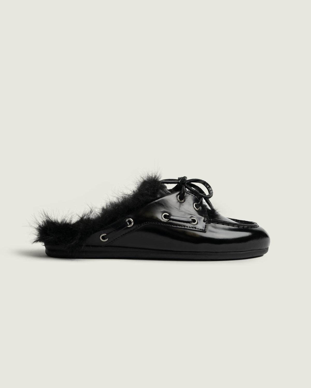 Boat Loafer Mule Hairy Fur - Box Leather | Black