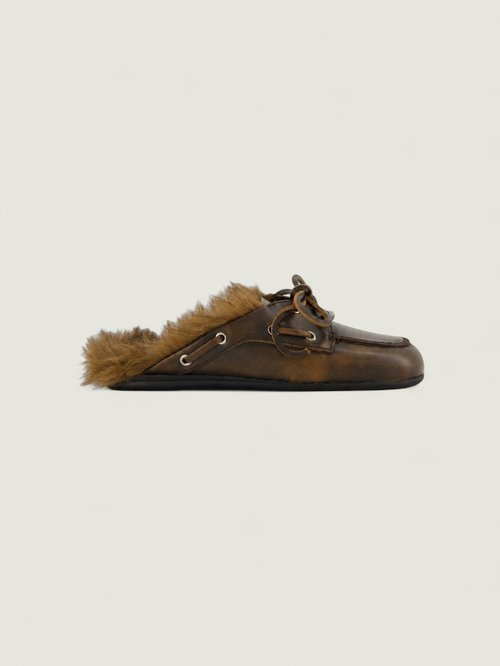 Boat Loafer Mule Hairy Fur - Leather | Coffee