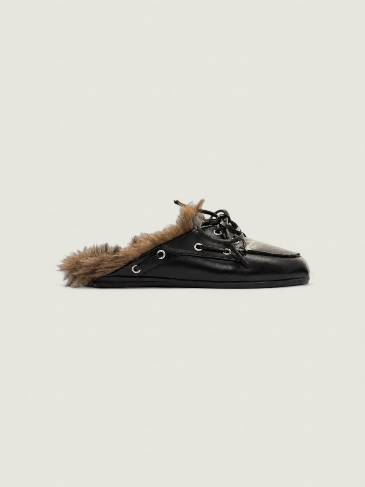 Boat Loafer Mule Hairy Fur - Leather | Black