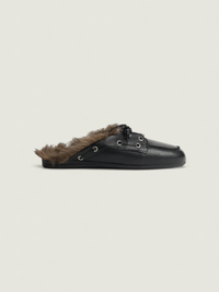 Boat Loafer Mule Hairy Fur - Leather | Black