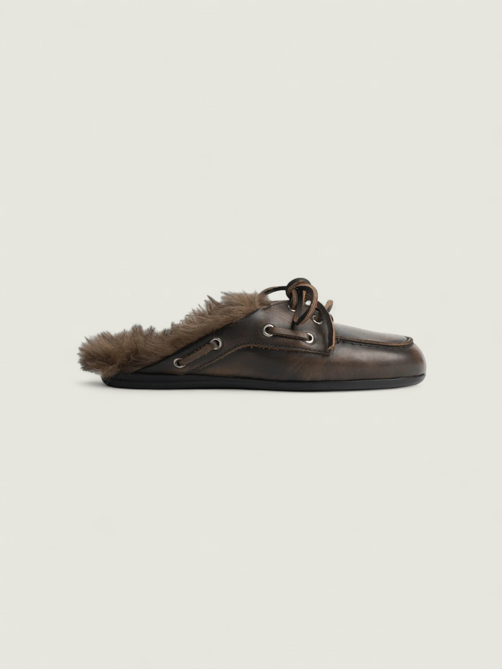 Boat Loafer Mule Hairy Fur - Leather | Coffee