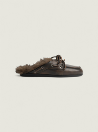 Boat Loafer Mule Hairy Fur - Leather | Coffee